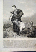 Original Old Antique Print 1868 Woman Pet Calf Country Scene 19th