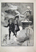 Original Old Antique Print 1892 Children Snowball Cupid Statue Dog Victorian