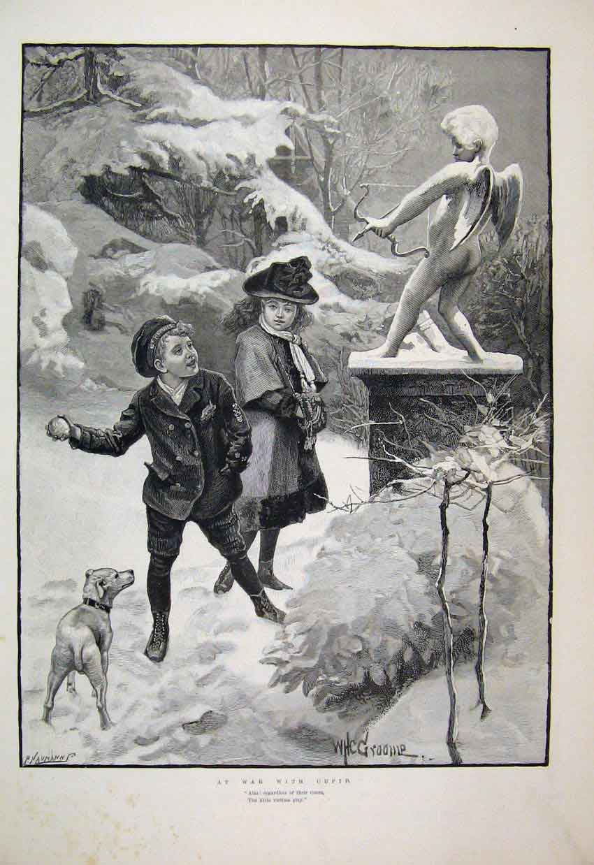 Original Old Antique Print 1892 Children Snowball Cupid Statue Dog Victorian