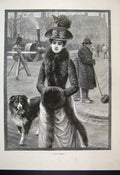 Original Old Antique Print 1889 Woman Street Dog Frosty Morning Men Sweeping