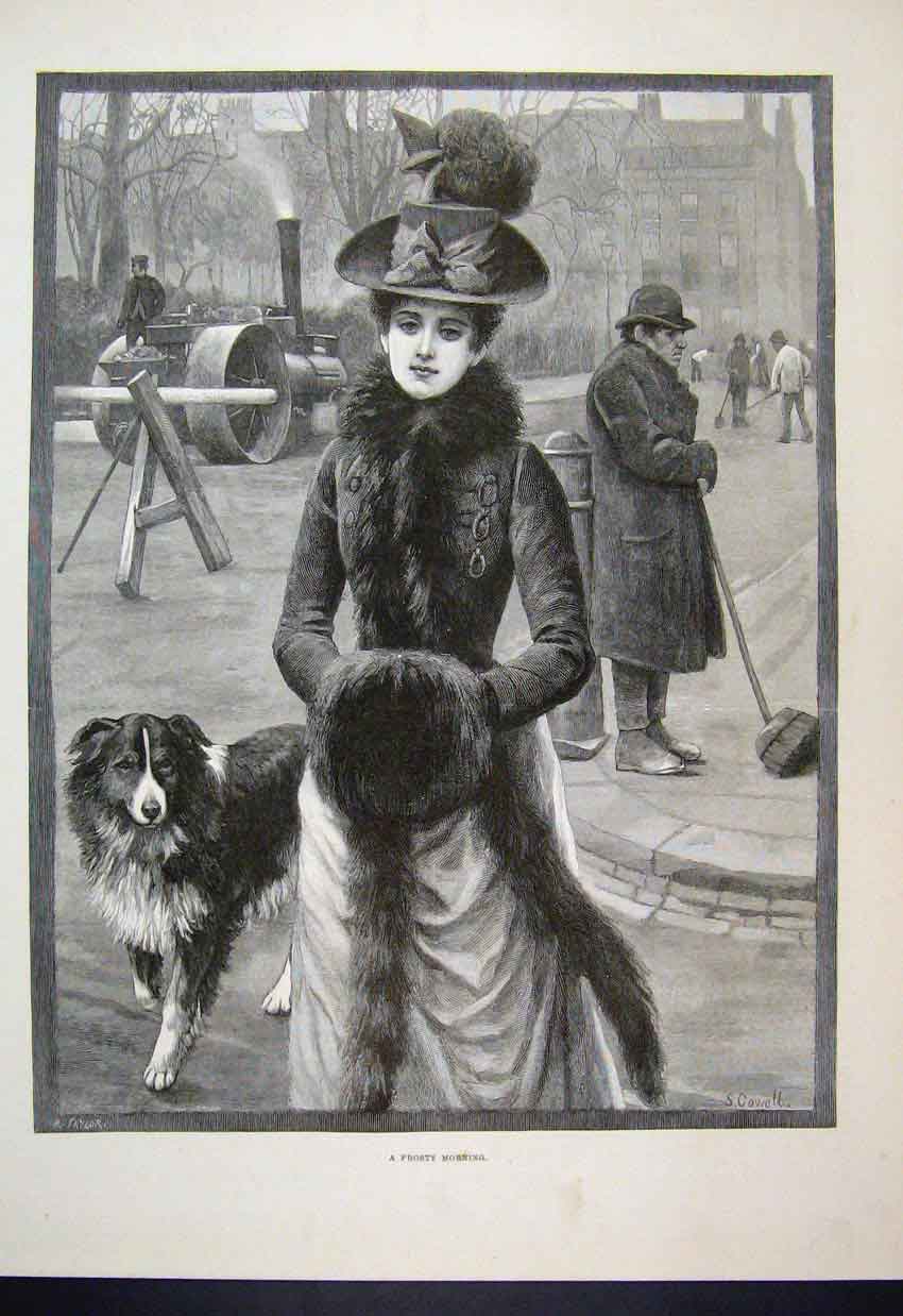 Original Old Antique Print 1889 Woman Street Dog Frosty Morning Men Sweeping