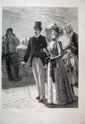 Original Old Antique Print 1894 Family After Church Walking Sea Birds Victorian
