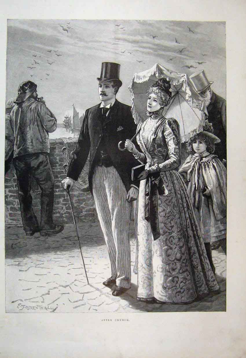 Original Old Antique Print 1894 Family After Church Walking Sea Birds Victorian