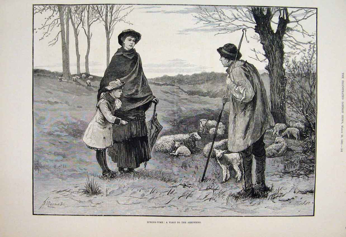Original Old Antique Print 1883 Spring Time Shepherd Child Lambs Country 19th