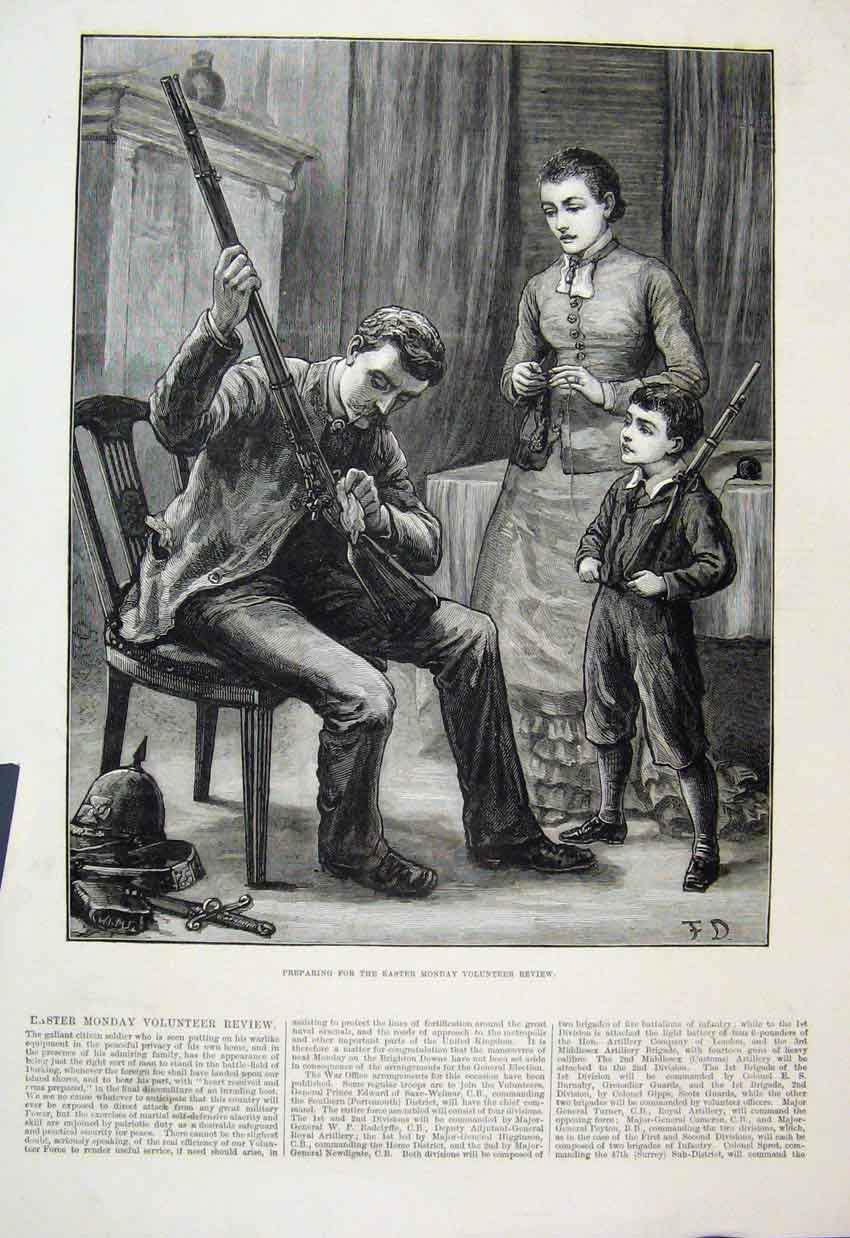 Original Old Antique Print 1880 Family Easter Monday Volunteer Review Gun 19th