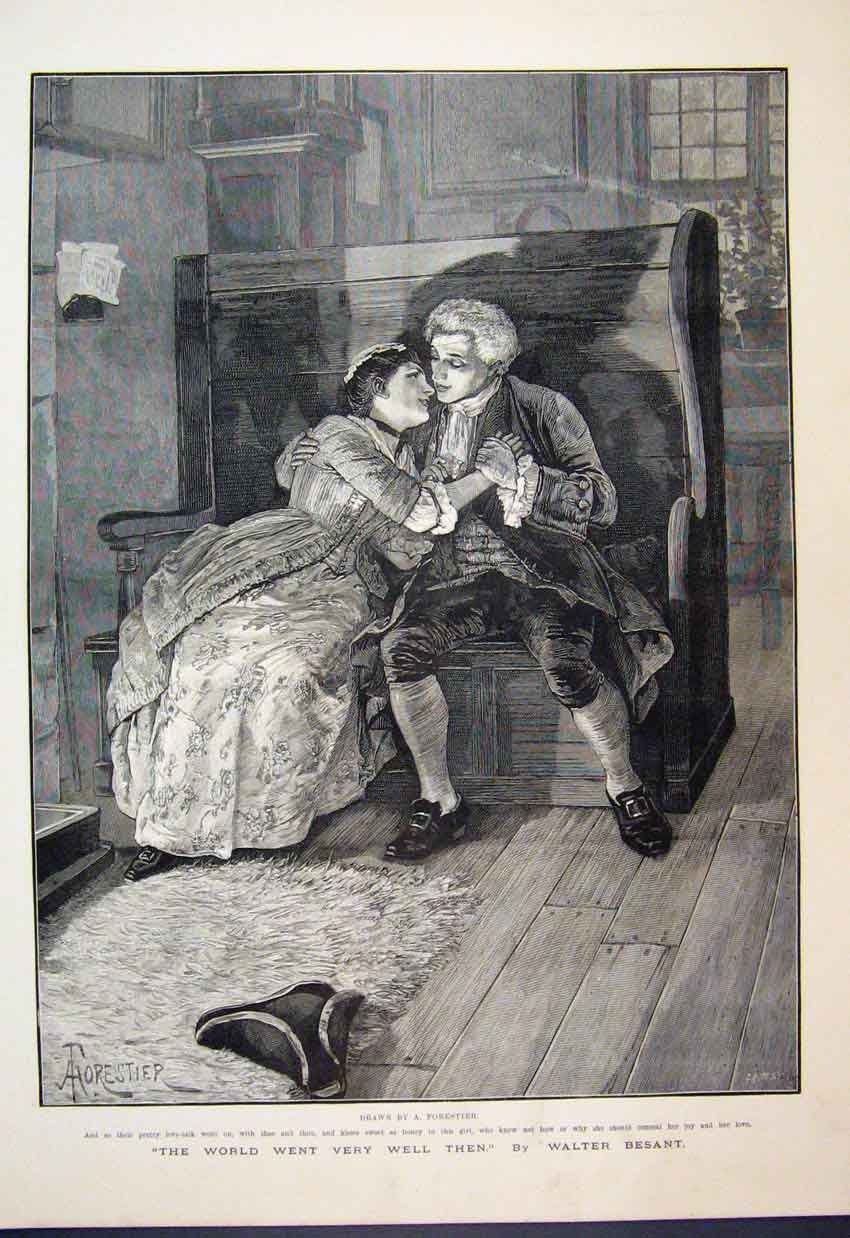 Original Old Antique Print 1886 Man Woman Love Sitting Beautiful 19th