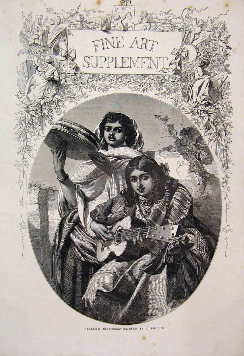 Old Antique Print 1856 Spanish Minstrels Music Women Beautiful Fine Art 19th