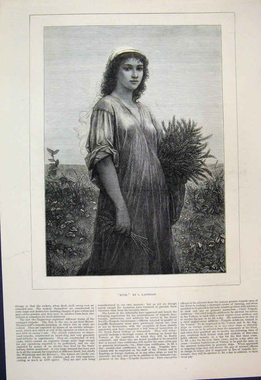 Original Old Antique Print 1877 Woman Harvest Beautiful Country Scene Victorian