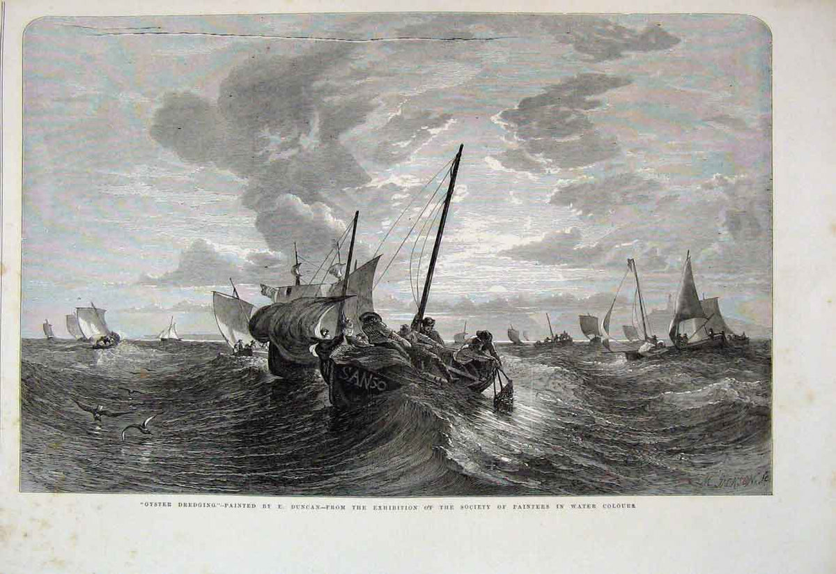 Original Old Antique Print 1856 Oyster Dredging Boats Sea Beautiful Victorian