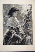 Original Old Antique Print 1883 Maid Kent Woman Flowers Beautiful Victorian