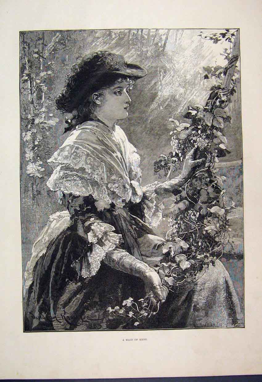 Original Old Antique Print 1883 Maid Kent Woman Flowers Beautiful Victorian