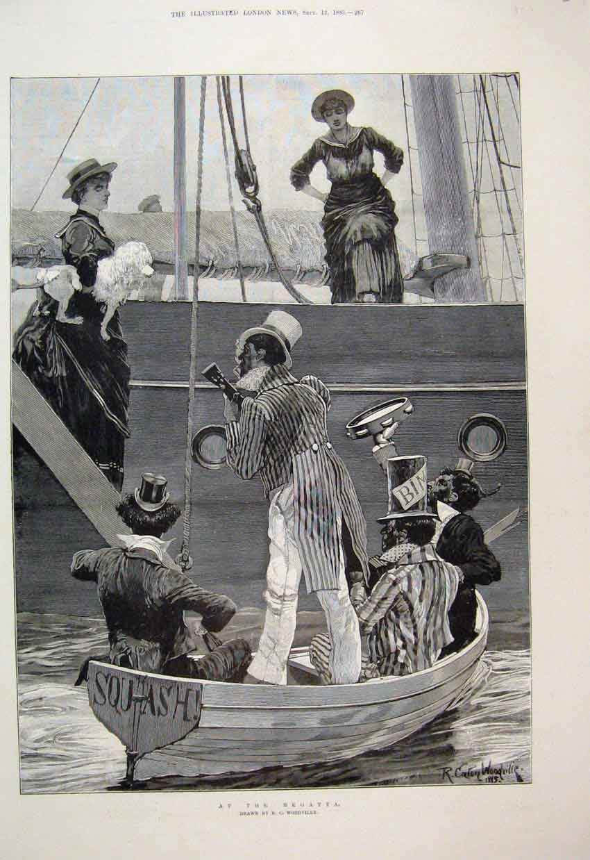 Original Old Antique Print 1885 Regatta Women Men Boat Sea Scene 19th
