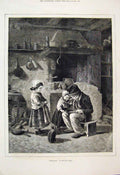 Original Old Antique Print 1877 Children Eating Breakfast Cat Beautiful 19th
