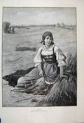 Original Old Antique Print 1890 Woman Harvest Country Scene Beautiful Victorian