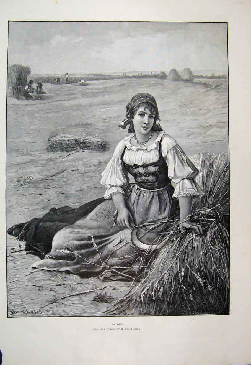 Original Old Antique Print 1890 Woman Harvest Country Scene Beautiful Victorian