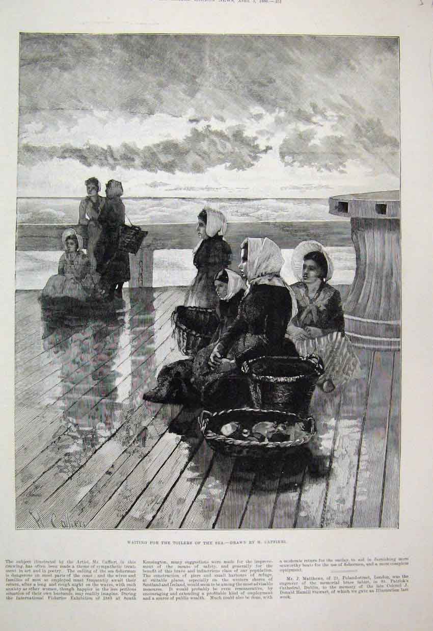 Original Old Antique Print 1886 Women Waiting Toilers Sea Beautiful Victorian