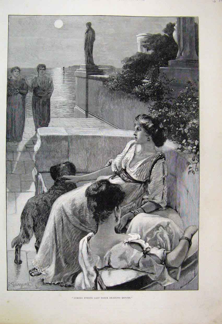 Original Old Antique Print 1894 Women Relaxing Flowers Dog Beautiful Victorian