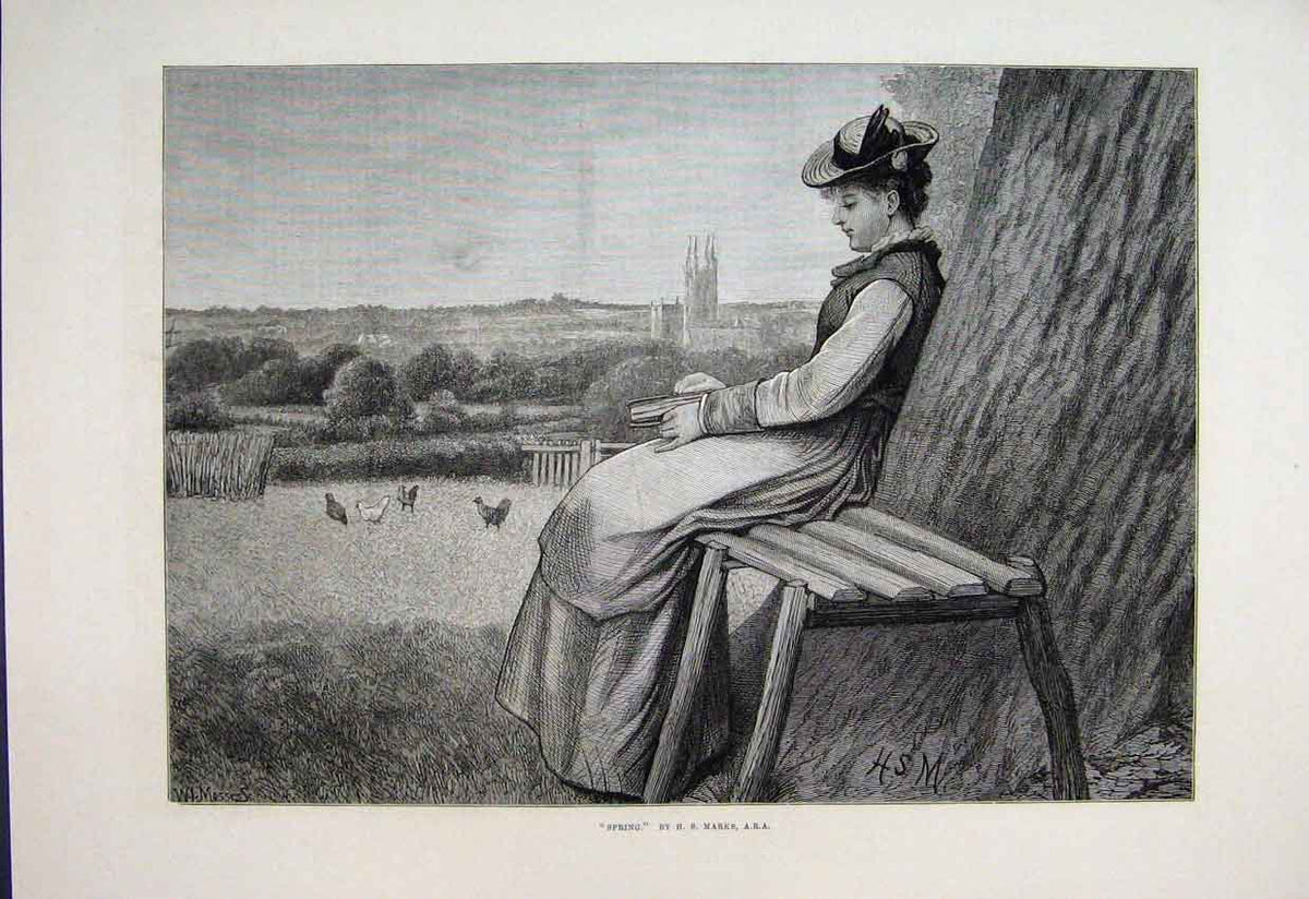 Original Old Antique Print 1878 Spring Woman Bench Chickens Country Scene 19th