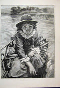 Original Old Antique Print 1887 Little Girl River Boat Beautiful 19th