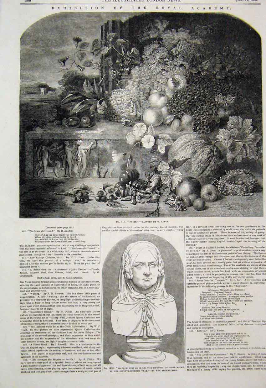Original Old Antique Print 1853 Marble Bust Duchess Gloucester Fruit Victorian
