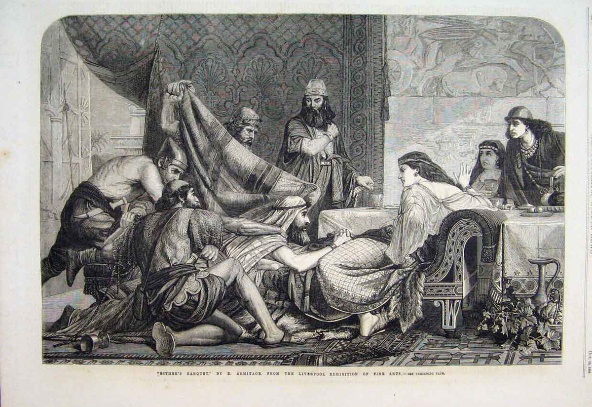 Original Old Antique Print 1865 Esthers Banquet Liverpool Exhibition Victorian