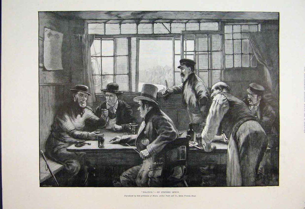 Original Old Antique Print 1895 Men Talking Politics Table Beautiful Victorian