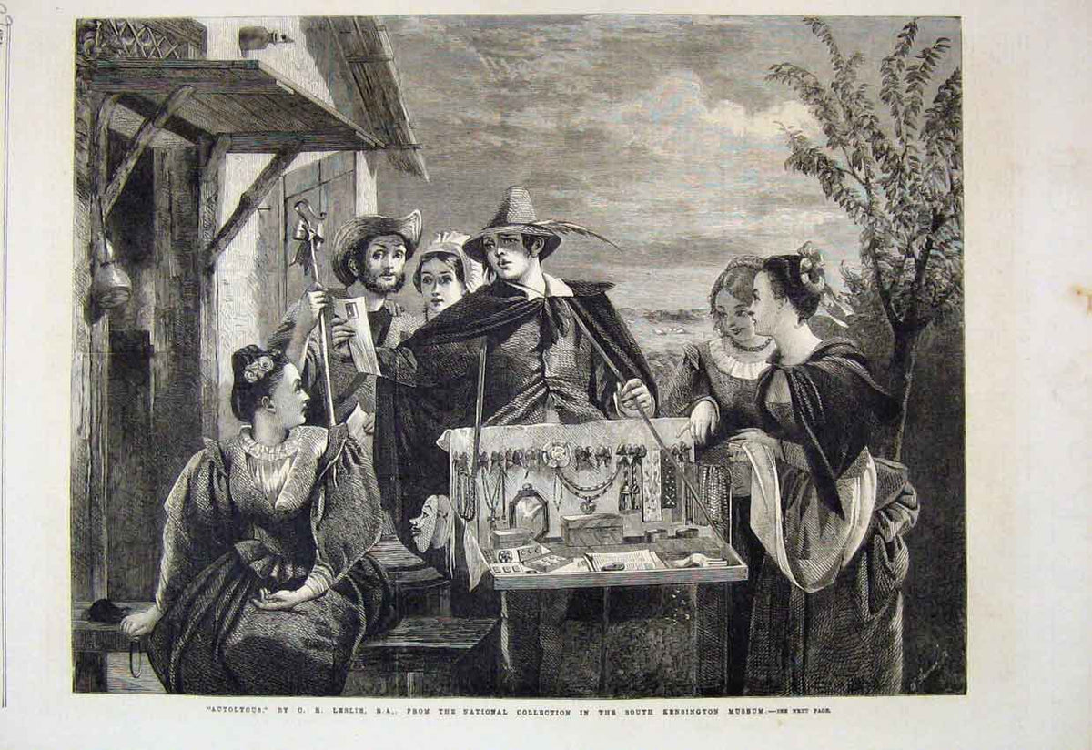 Original Old Antique Print 1865 Autolycus Women Men Talking Country Scene 19th