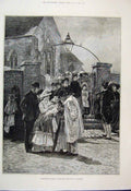 Original Old Antique Print 1887 Sunday Christening Church Families Victorian