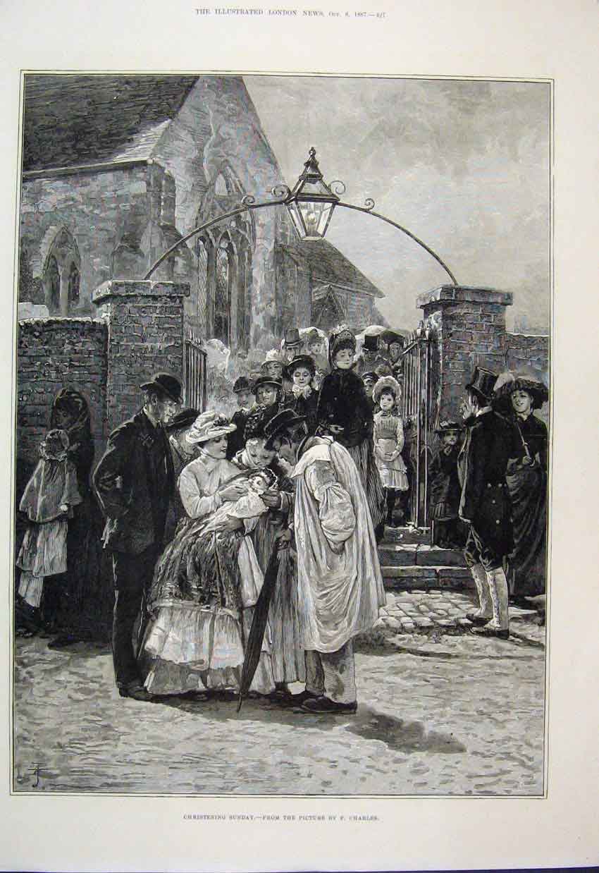 Original Old Antique Print 1887 Sunday Christening Church Families Victorian