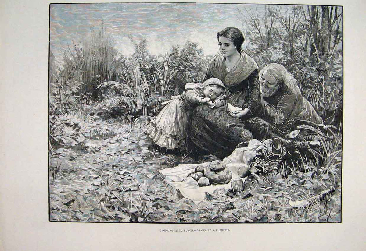 Original Old Antique Print 1885 Family Picnic Lunch Country Scene Fine Art 19th