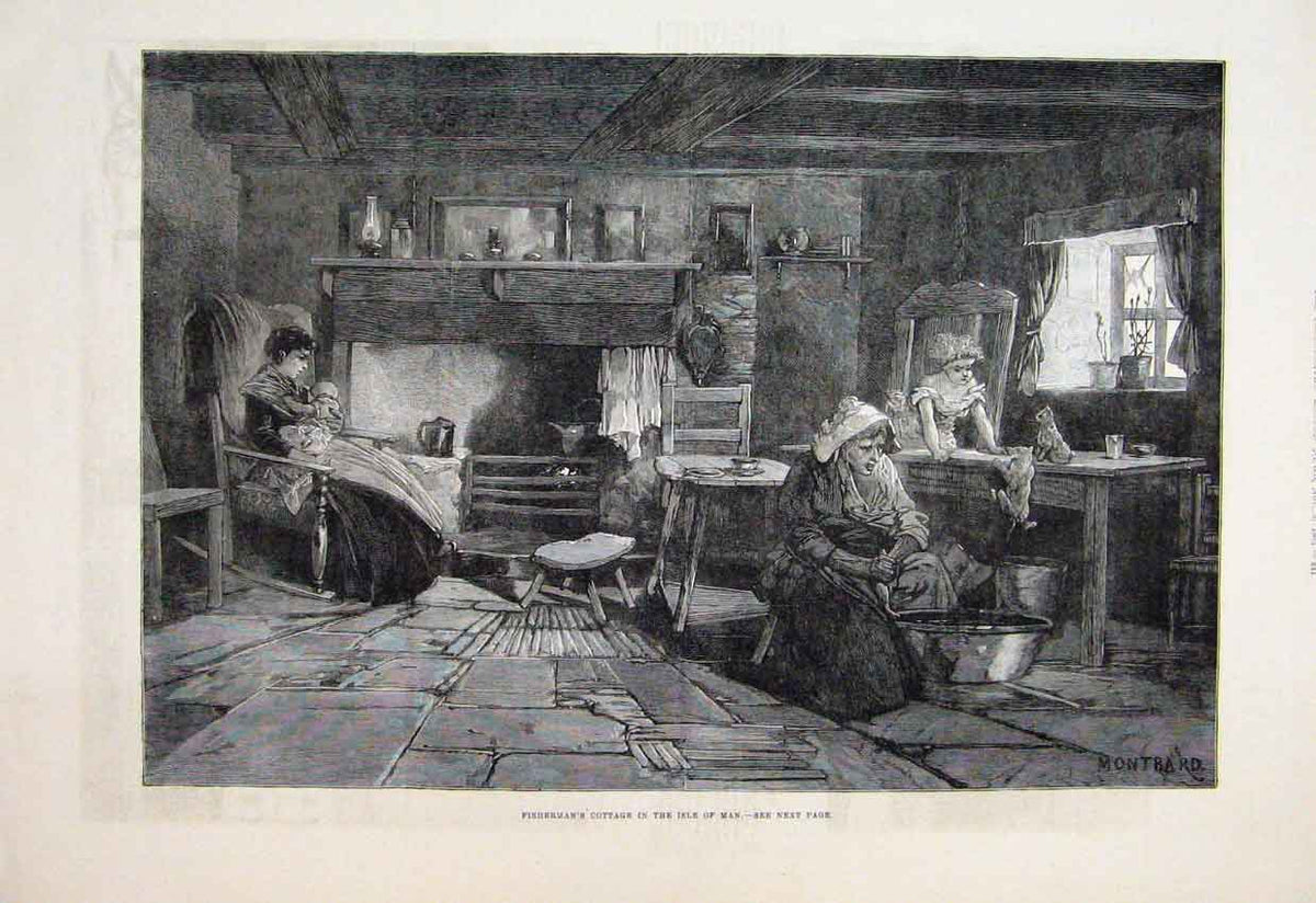 Original Old Antique Print 1881 Fishermans Cottage Isle Man Children Fine Art