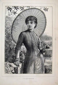 Original Old Antique Print 1880 Lady Garden Parasol Beautiful Fine Art 19th