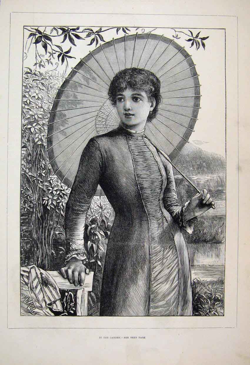 Original Old Antique Print 1880 Lady Garden Parasol Beautiful Fine Art 19th