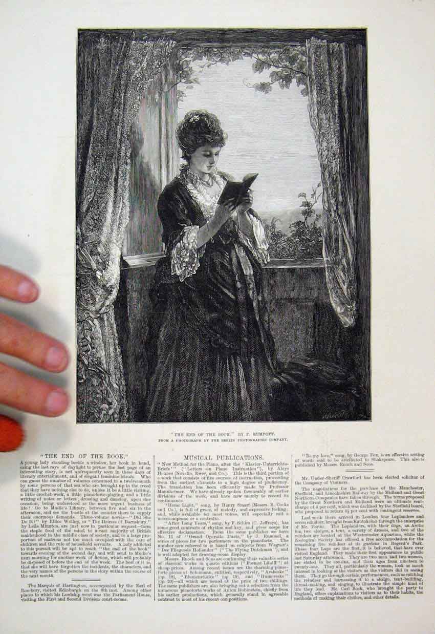 Original Old Antique Print 1877 Woman Window Reading Book Fine Art Victorian