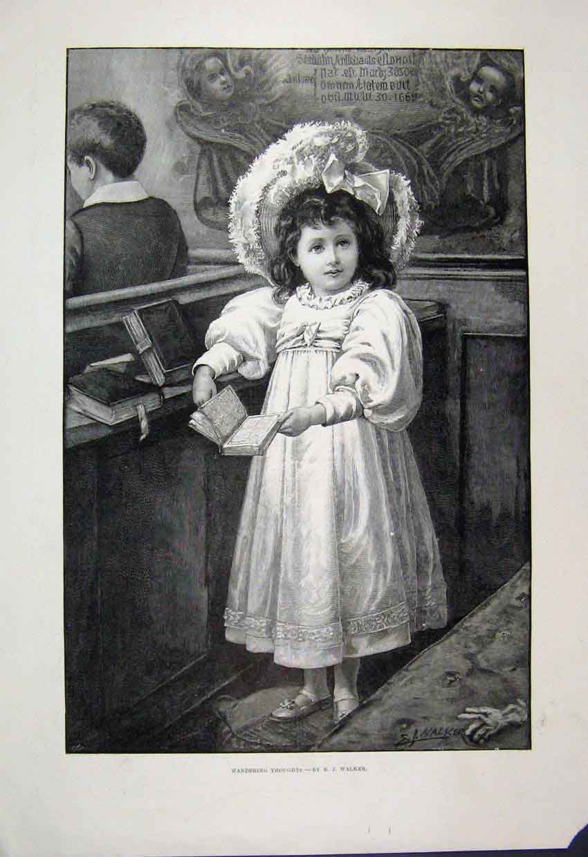 Original Old Antique Print 1896 Young Girl Church Bible Beautiful Fine Art 19th