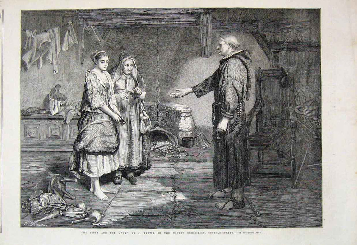 Original Old Antique Print 1865 Bible Monk Women House Fine Art 19th
