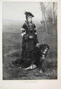 Original Old Antique Print 1874 Woman Dog Country Scene Walking Fine Art 19th