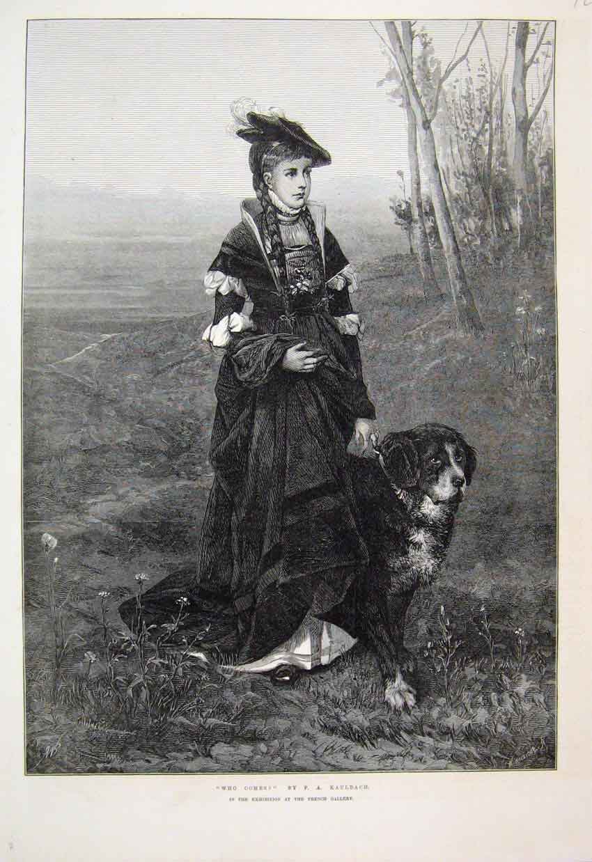 Original Old Antique Print 1874 Woman Dog Country Scene Walking Fine Art 19th