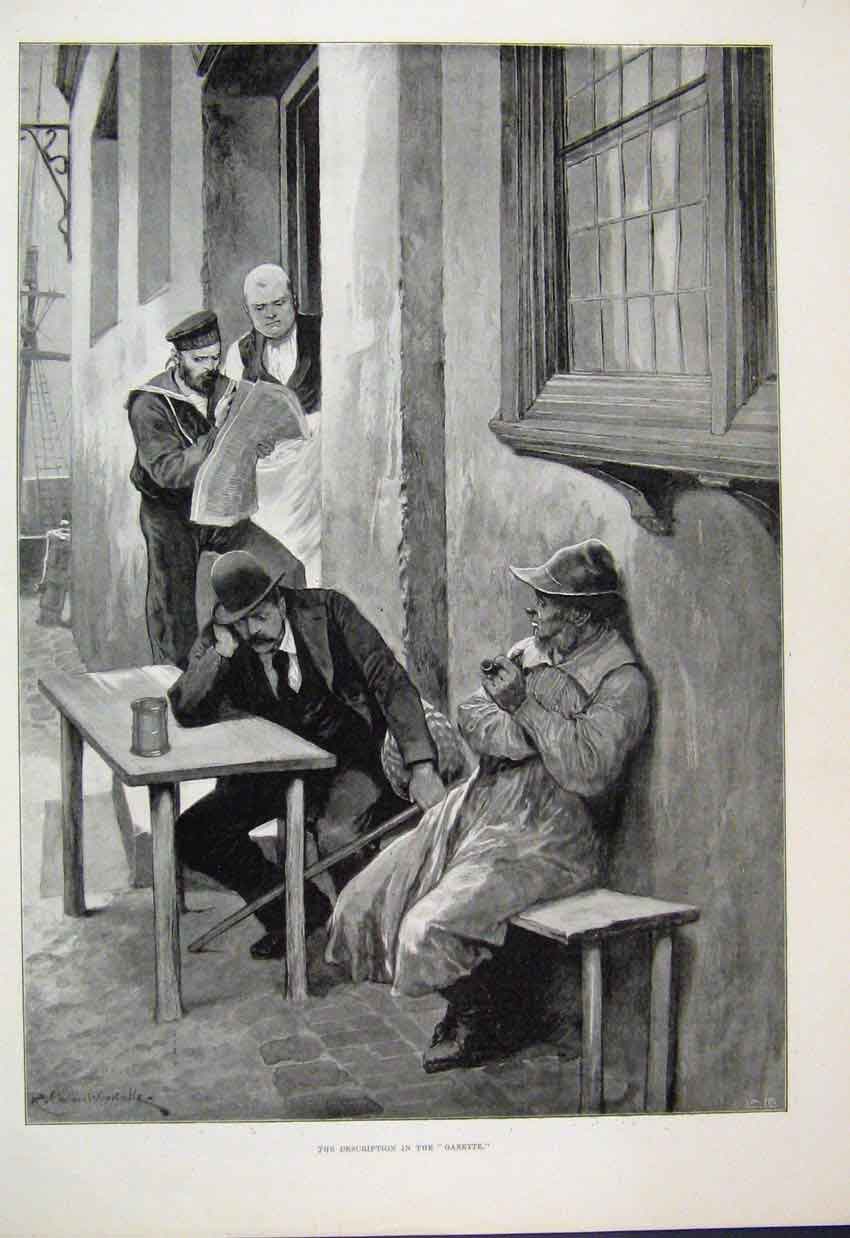 Original Old Antique Print 1895 Men Sitting Drinking Sailor Gazette Fine Art