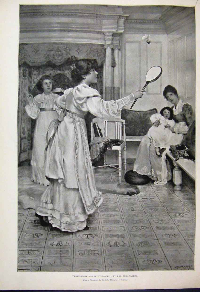 Old Antique Print 1894 Battledore Shuttlecock Children Playing Fine Art 19th