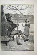Original Old Antique Print 1886 Easter Little Girl Man Flowers Fine Art 19th
