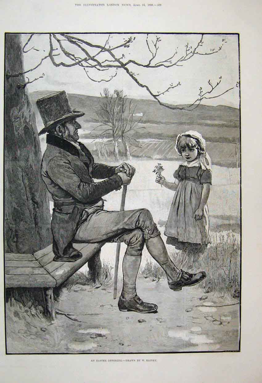 Original Old Antique Print 1886 Easter Little Girl Man Flowers Fine Art 19th