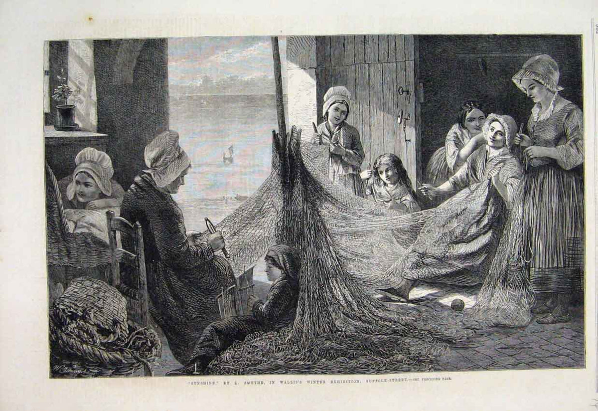 Original Old Antique Print 1865 Sunshine Women Working Fishing Nets Art 19th