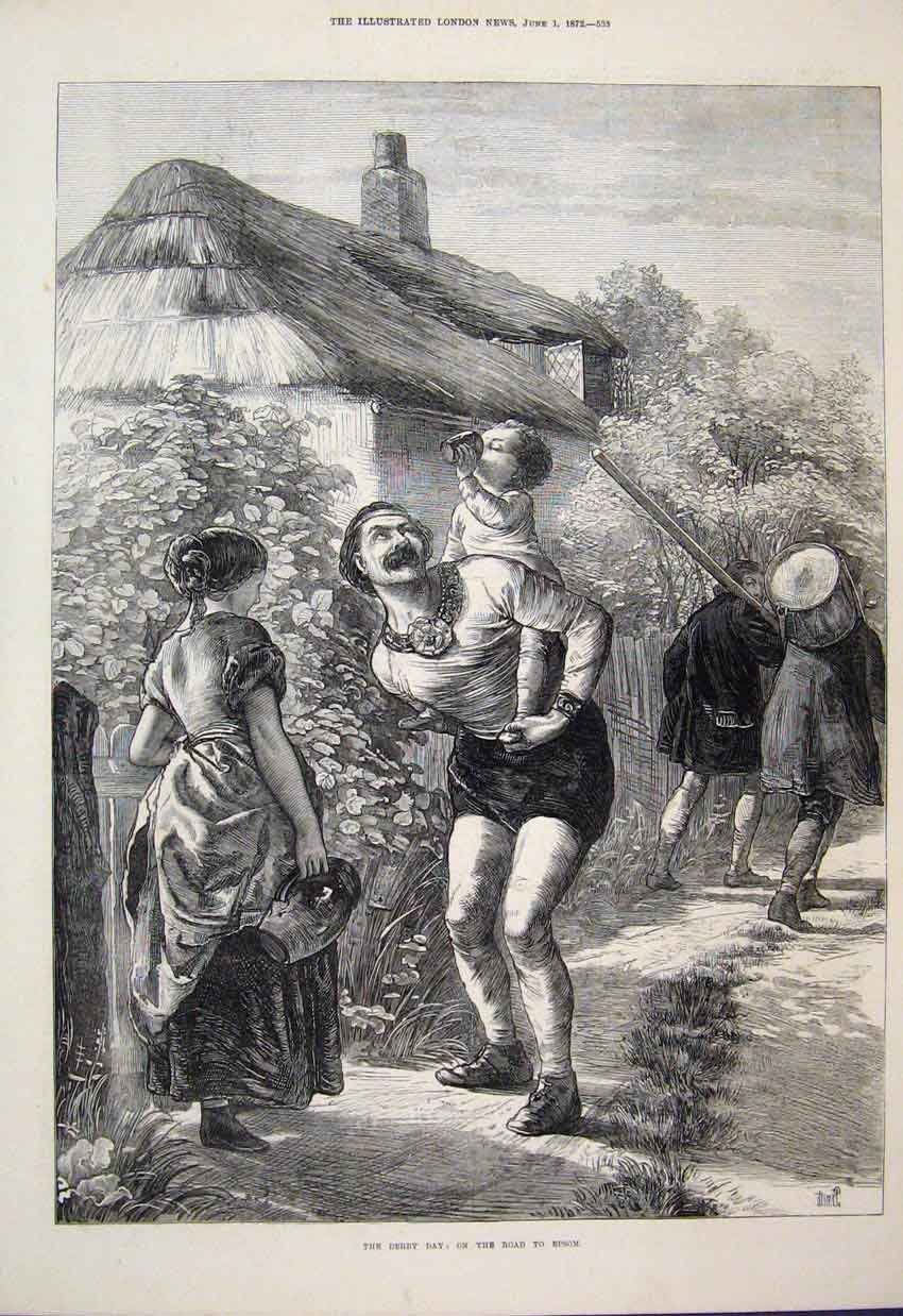 Original Old Antique Print 1872 Derby Day Epsom Road Family Child Fine Art 19th