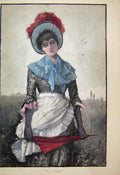 Original Old Antique Print 1884 Woman Field Country Scene Colour Fine Art 19th