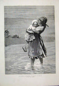 Original Old Antique Print 1879 Children Playing Sands Scheveningen Fine Art