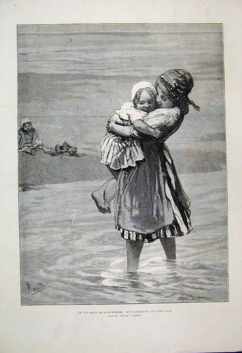 Original Old Antique Print 1879 Children Playing Sands Scheveningen Fine Art