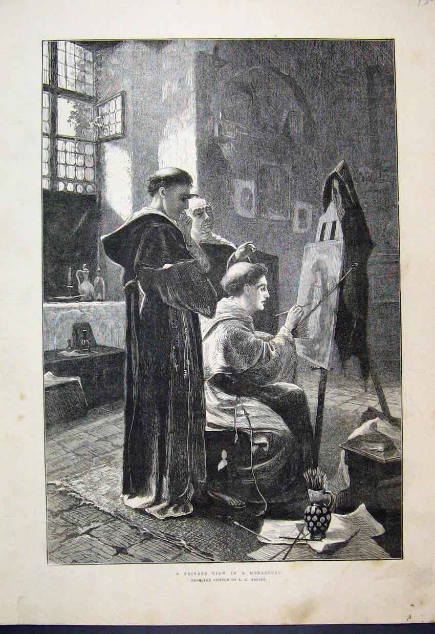 Original Old Antique Print 1883 Monks Monastery Painting Easel Fine Art 19th
