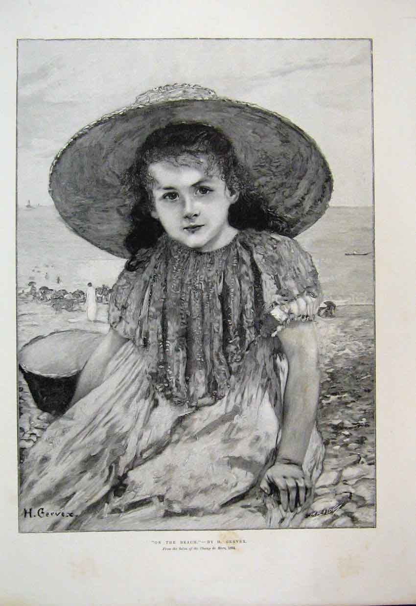 Original Old Antique Print 1894 Girl Beach Playing Beautiful Fine Art Victorian