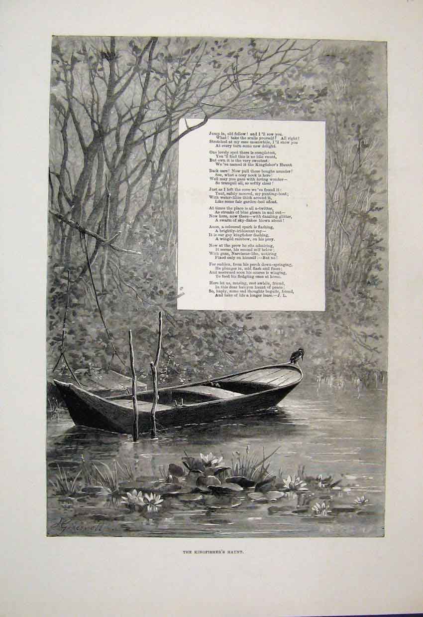 Old Antique Print 1879 Kinghfisher Bird River Boat Country Scene Fine Art 19th